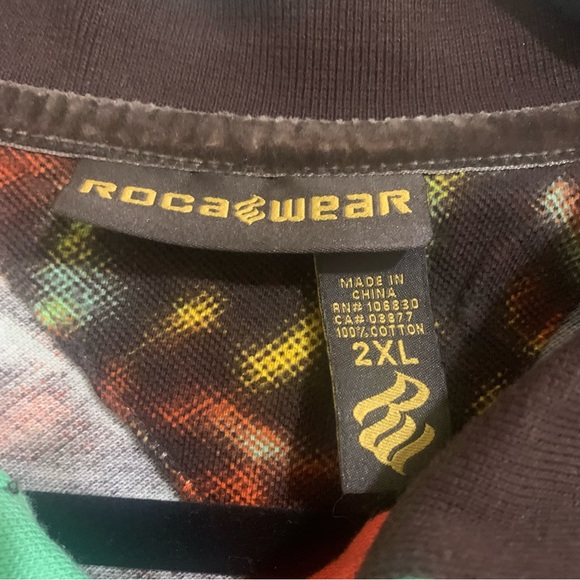 Rocawear Polo Shirt Brown Colorful Splatter Logo Men’s 2x 2XL Top with Pin - Picture 4 of 7